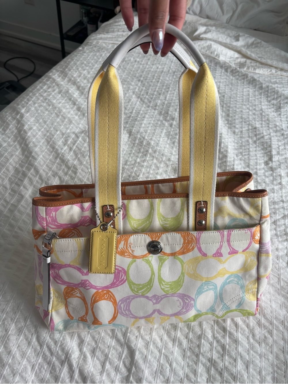 Vintage Coach Multicolor Signature Canvas Tote with Yellow Straps